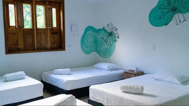 Dormitorio con varias camas de sábanas blancas y toallas enrolladas, ventana de madera con postigos y murales de flores sobre manchas verde agua.