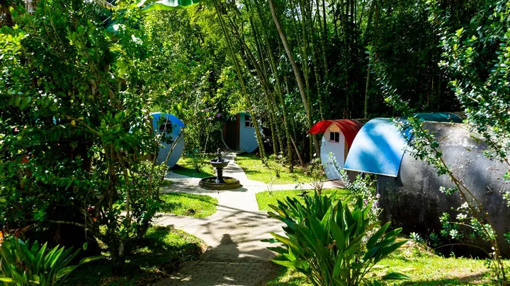 Cabañas tubo de techos rojo y azul en un jardín soleado, entre guaduas y un sendero de piedra.