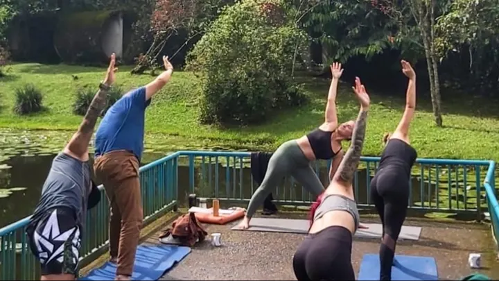 Cuatro personas estiran los brazos hacia el cielo en una postura de yoga sobre la plataforma del estanque, con el jardín verde detrás.